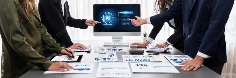 Poster panorama shot analyst team utilizing bi fintech to analyze financial report with laptop. businesspeo