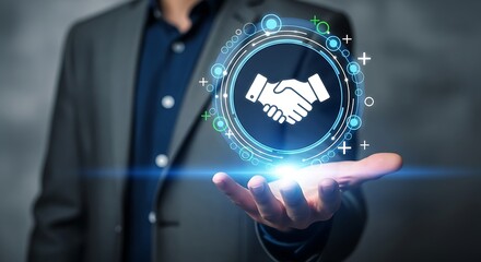 Confident businessman presenting digital partnership handshake icon with glowing futuristic interface