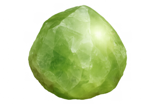 Polished peridot gemstone gleaming with vibrant green color, highlighting natural luminosity against pristine transparent surface