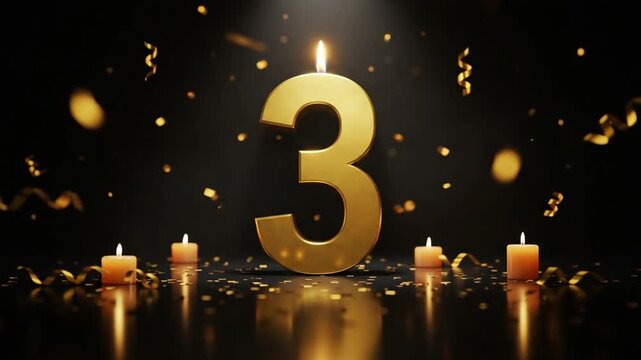 Elegant 3rd Anniversary Celebration with Golden Number, Candles, and Confetti Background