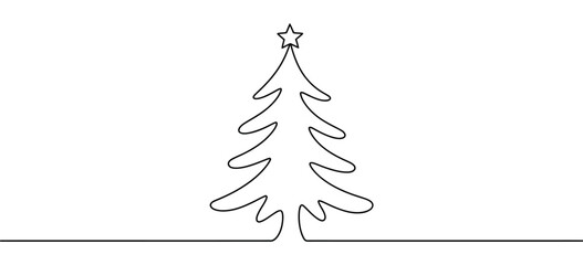 Minimal Christmas tree vector illustration featuring continuous line art with stylized branches, star topper, and festive silhouette design