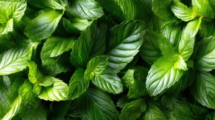 A close-up image of fresh mint leaves showcases their vibrant green colors and rich textures, illustrating culinary potential and the invigorating essence of cooking.