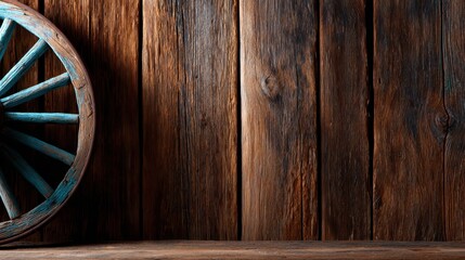 This serene image of a rustic wooden wall featuring a vintage wheel captures a sense of nostalgia and charm, making it ideal for home decor and country life themes.
