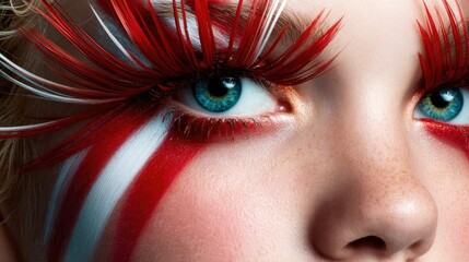 A close-up of a model showcasing bold makeup featuring striking red and white hues, emphasizing artistic expression and creativity in beauty.