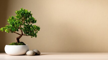An elegant bonsai tree in a simple pot creates a beautiful focal point, symbolizing peace and mindfulness, enhancing the tranquil ambiance of any living or working space.