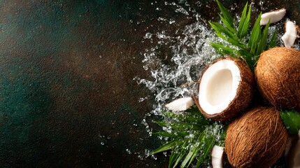 Fresh coconuts resting on a dark backdrop, with water splashes creating a dynamic motion, highlighting the natural beauty and rejuvenating essence of tropical fruits.