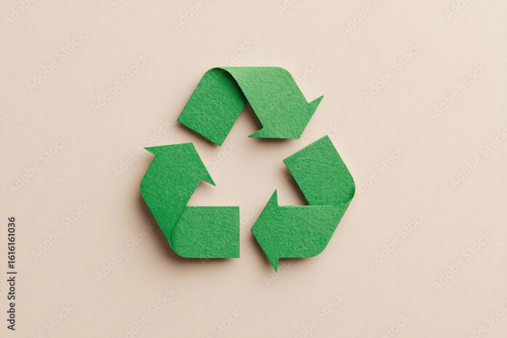 Poster clean image depicting single simple recycling symbol on neutral background offering ample copy space