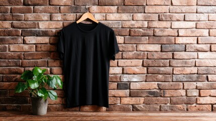 A sleek black t-shirt elegantly displayed against a rustic brick wall, illustrating the charm of minimalistic fashion in contemporary urban environments.