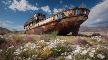 Rolgordijnen Ancient shipwreck sprouting wildflowers in desert crater 4k, clear view © Suborna