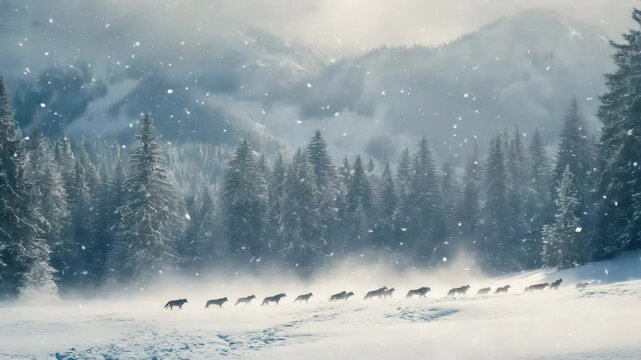 Ultra HD A group of wolves crossing a snowy hillside video wolves in the snow video wolf pack on snow video a team of wolfs running in the heavy snowfall video Wolves running in the heavy snowfall