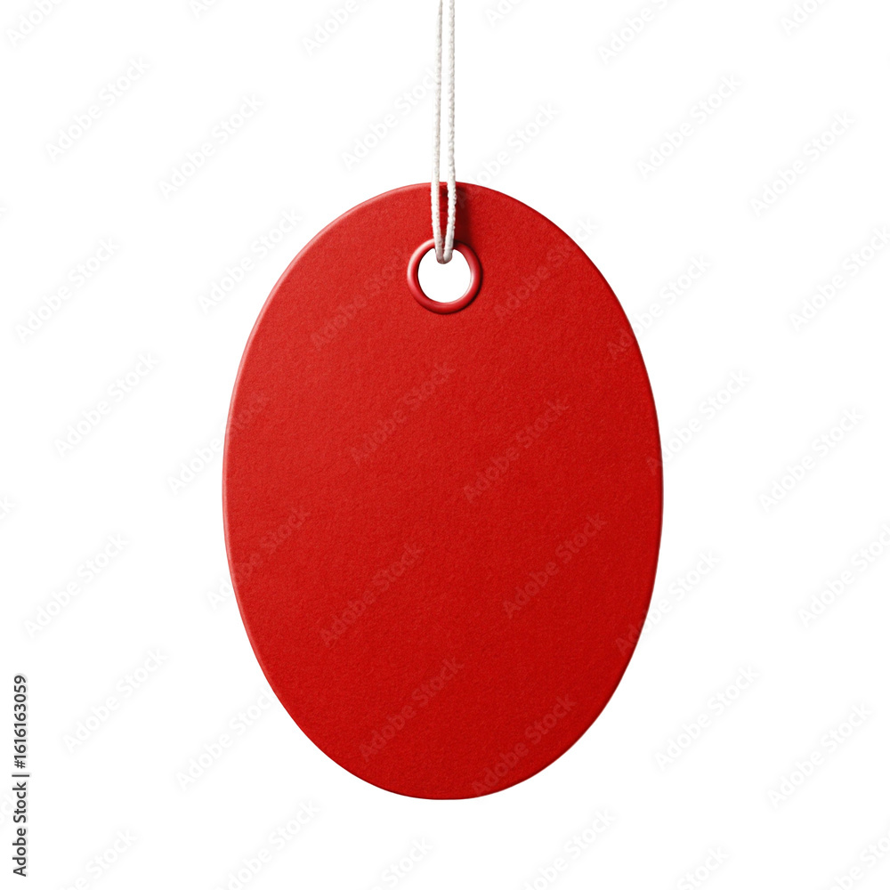 Poster red oval price tag hanging by a string isolated on transparent background
