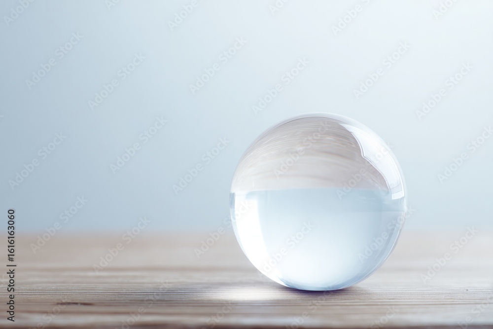 Poster crystal ball resting on simple wooden table casting faint reflections under soft diffuse lighting