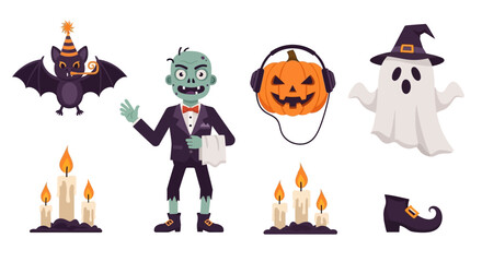 Halloween character and object set. Includes cartoon zombie, bat with party hat, ghost in a witch hat, pumpkin wearing headphones, candles, and witch shoe. Spooky holiday concept. Vector illustration.