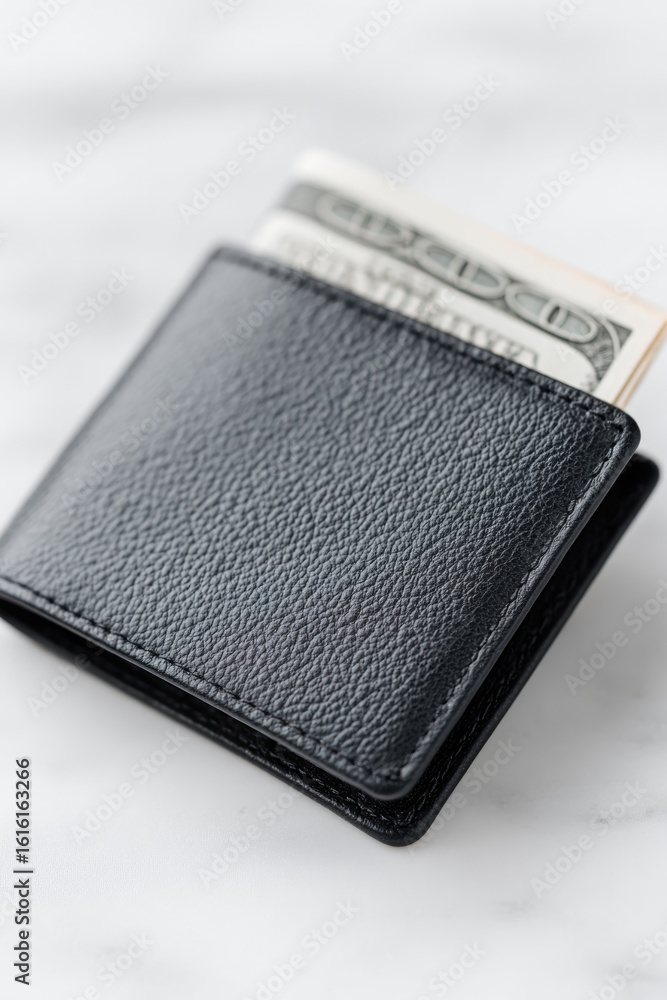 Poster minimalistic image capturing simple wallet with single dollar bill peeking out lying on clean white 