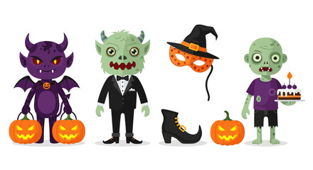 Naklejka premium Halloween character set. Devil, zombie, and monster costumes with pumpkins, mask, witch hat, boot, and cake illustration. Holiday celebration concept.
