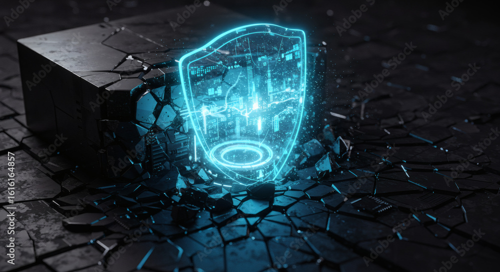 Poster a powerful digital security shield breaking through a dark, fractured cube, symbolizing robust netwo