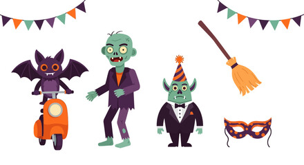 Halloween characters and props set. Bat riding a scooter, zombie and goblin wearing costumes, party decorations, broomstick, and masquerade mask. Holiday celebration concept. Vector illustration.