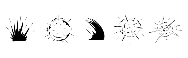 Explosion effect comic manga line sketch horizontal set. Motion anime explode, radial action burst. Round explosions cloud silhouette.