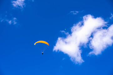 夏の青空を飛ぶパラグライダー