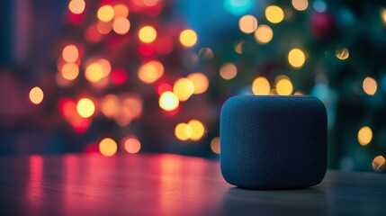 Smart speaker on table with bokeh Christmas lights.