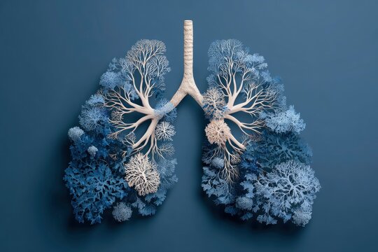 Fototapeta 3D lungs art tracheabronchi w tree branch texture fractal patterns  blue corallichen outlines on a solid blue background