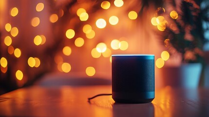 Smart speaker on table with bokeh lights.