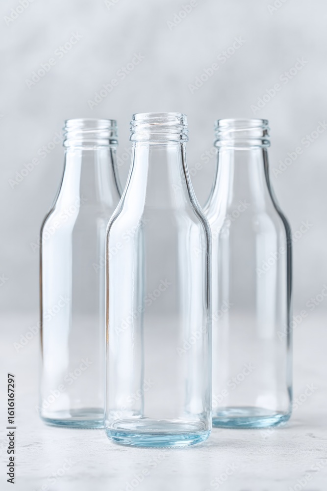 Poster clear snapshot of reusable glass bottles standing on plain white surface with ample copy space for t