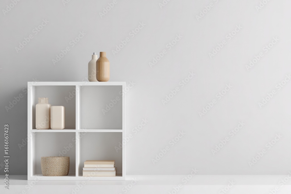 Poster clean image of minimalistic shelving unit featuring neatly arranged items on shelves