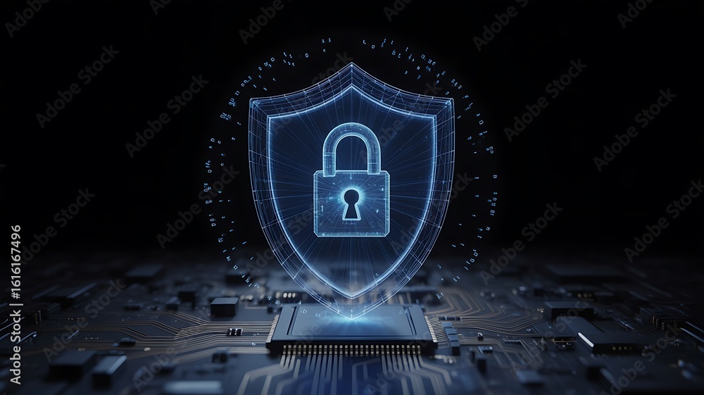 Poster glowing blue digital shield with padlock symbol over computer processor and circuit board technology