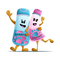 Vector illustration of cute cartoon shampoo and conditioner bottles with smiling faces, hugging and waving. Hygiene, hair care and bathroom concept in kawaii style.
