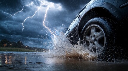 Car driving through a flooded road during a thunderstorm with lightning strikes.