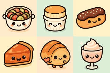 Kawaii French food icons featuring ratatouille, soufflé, eclair, and tarte tatin on pastel backgrounds. Perfect for culinary stickers and stock illustrations.