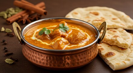 Close up shot of chicken tikka masala with naan bread
