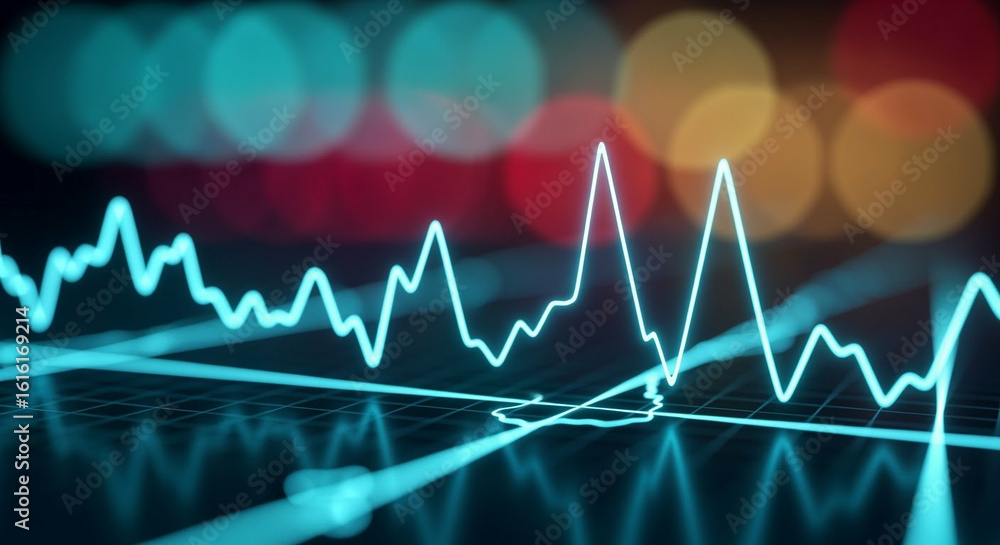 Poster vibrant blue sine wave overlaid on grid with bokeh lights background depicting data analytics