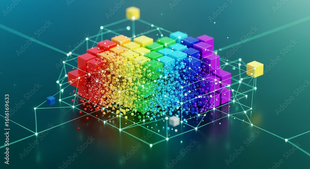 Poster vibrant disintegrating cube formation with glowing network on teal background represents digital tra