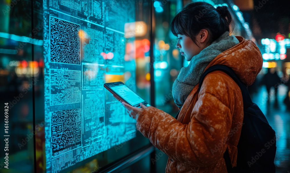 Poster young woman using smartphone to scan qr codes on illuminated digital display at night in urban setti
