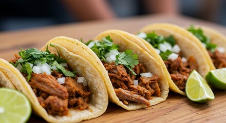 Close up of tacos with meat and lime on wooden board