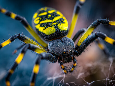 Close-up of a vibrant black and yellow spider on its web