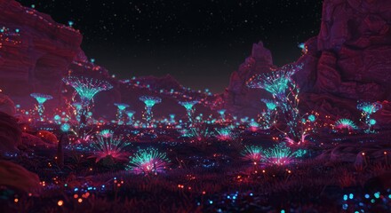Alien cityscape illuminated by bioluminescent flora and futuristic architecture