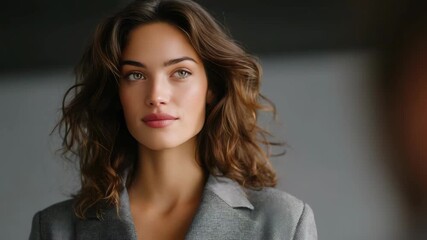 A stylish, confident businesswoman posing with professional attire in an office environment. She exudes elegance and sophistication with her warm smile.
