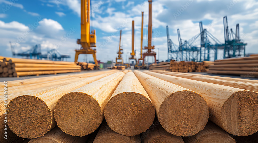 Poster logs stacked at a port. cranes in the background show a busy shipping and distribution hub. blue sky