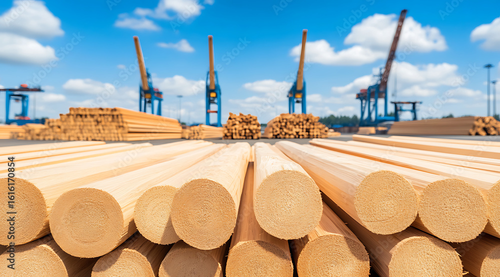 Poster stacks of logs and lumber are in a port ready for shipping and distribution, showcasing the timber i