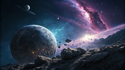 Alien planetscape with ringed moon and vibrant nebula