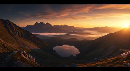 Scenic mountain range with lake at golden hour light