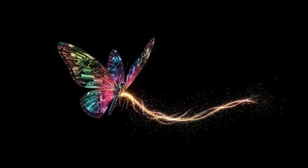 Magical butterfly with fiery trail on black background