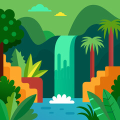 Vibrant tropical waterfall and lush green jungle scenery