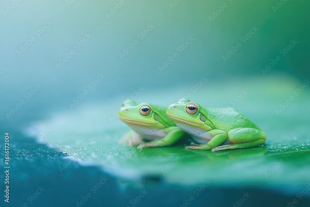 Poster pair of minimalist frogs rest on lily pad with ample water around and clean sky in background