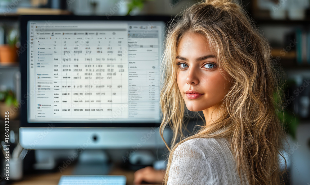 Poster young woman working on data analysis with spreadsheet software on desktop computer screen in modern 