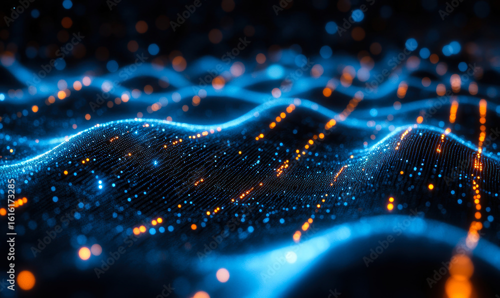 Poster abstract digital wave grid with glowing blue and orange particles representing futuristic technology