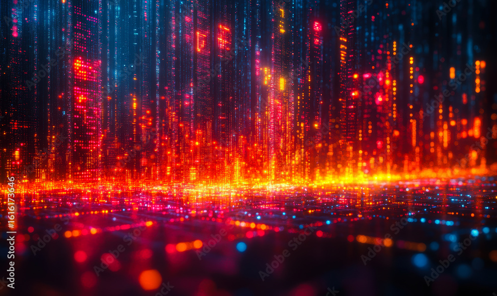 Poster abstract digital data visualization with glowing orange and blue binary code streams representing fu